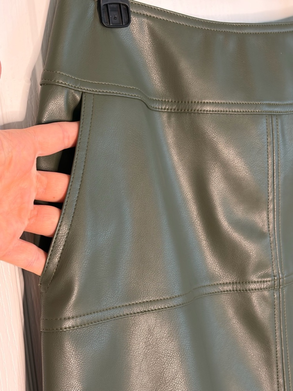 CAbi Olive Faux Leather High-Waist Midi Kick It Skirt - Picture 8 of 12
